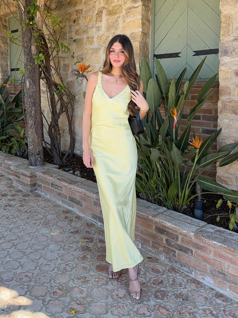 open back yellow dress Andy Satin Open Back Maxi Dress in Yellow