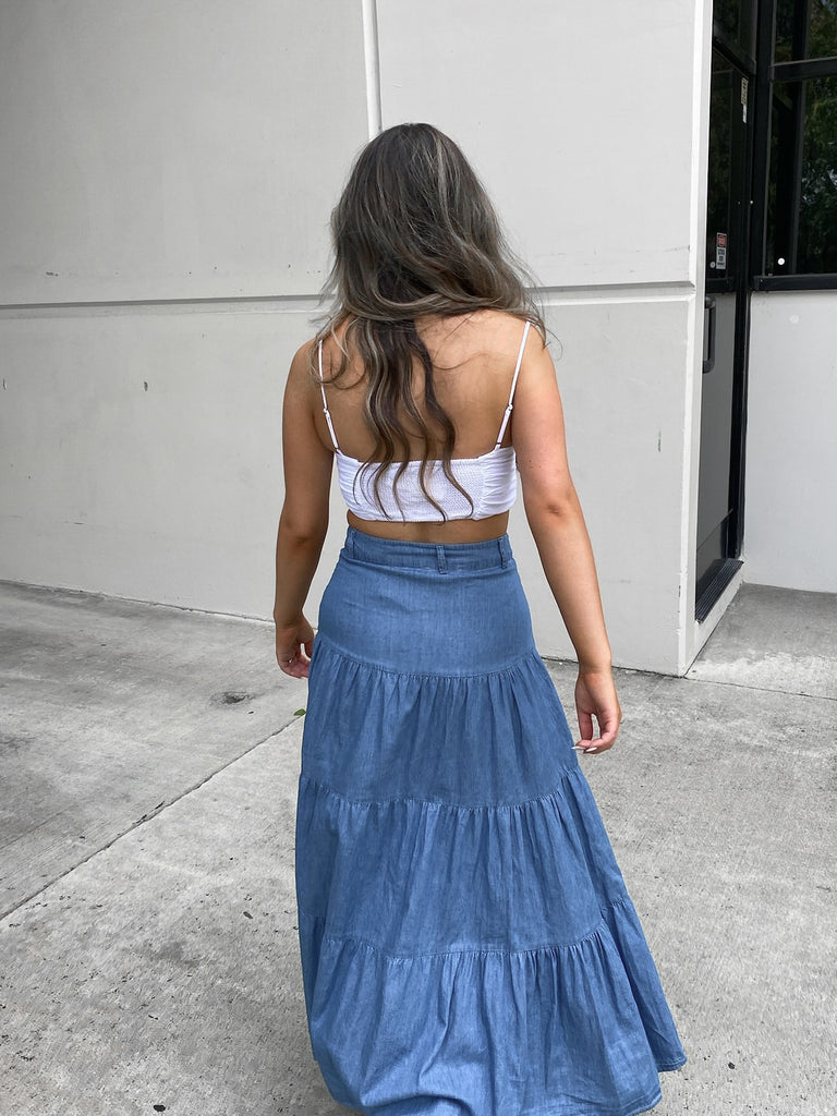 Dallas Denim Tiered Maxi Skirt