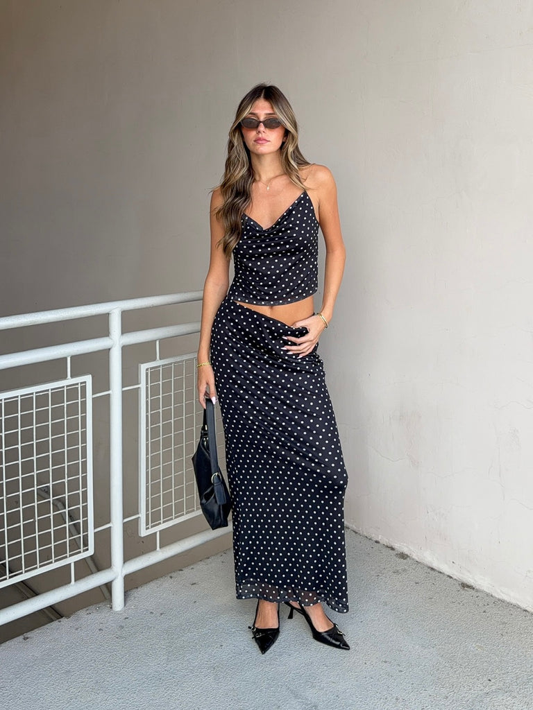 Polka Dot Mesh Maxi Skirt in Black