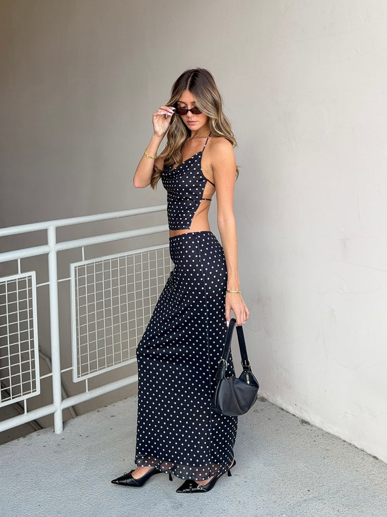Polka Dot Mesh Maxi Skirt in Black