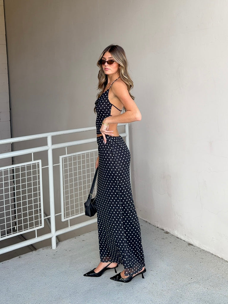 Polka Dot Mesh Maxi Skirt in Black