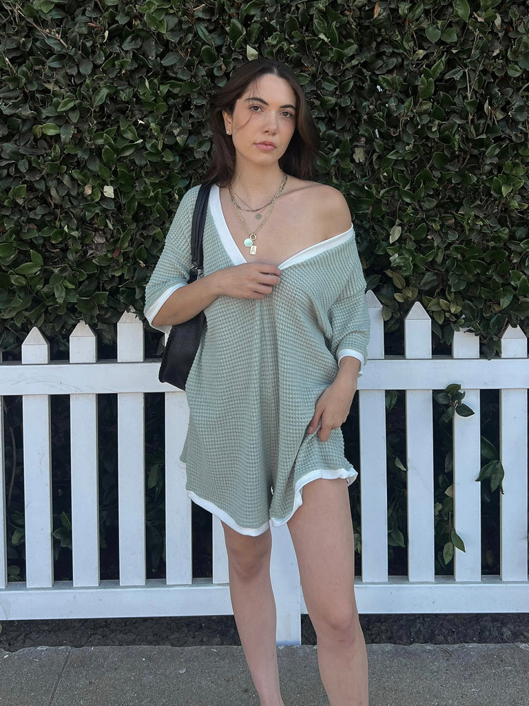 Lounge Around Waffle Romper in Sage