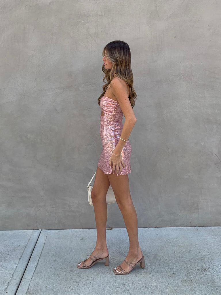 Sequin Strapless Cutout Dress in Rose