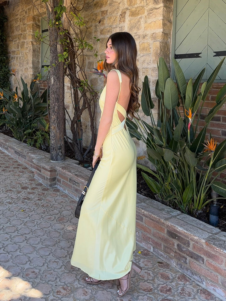 Andy Satin Open Back Maxi Dress in Yellow