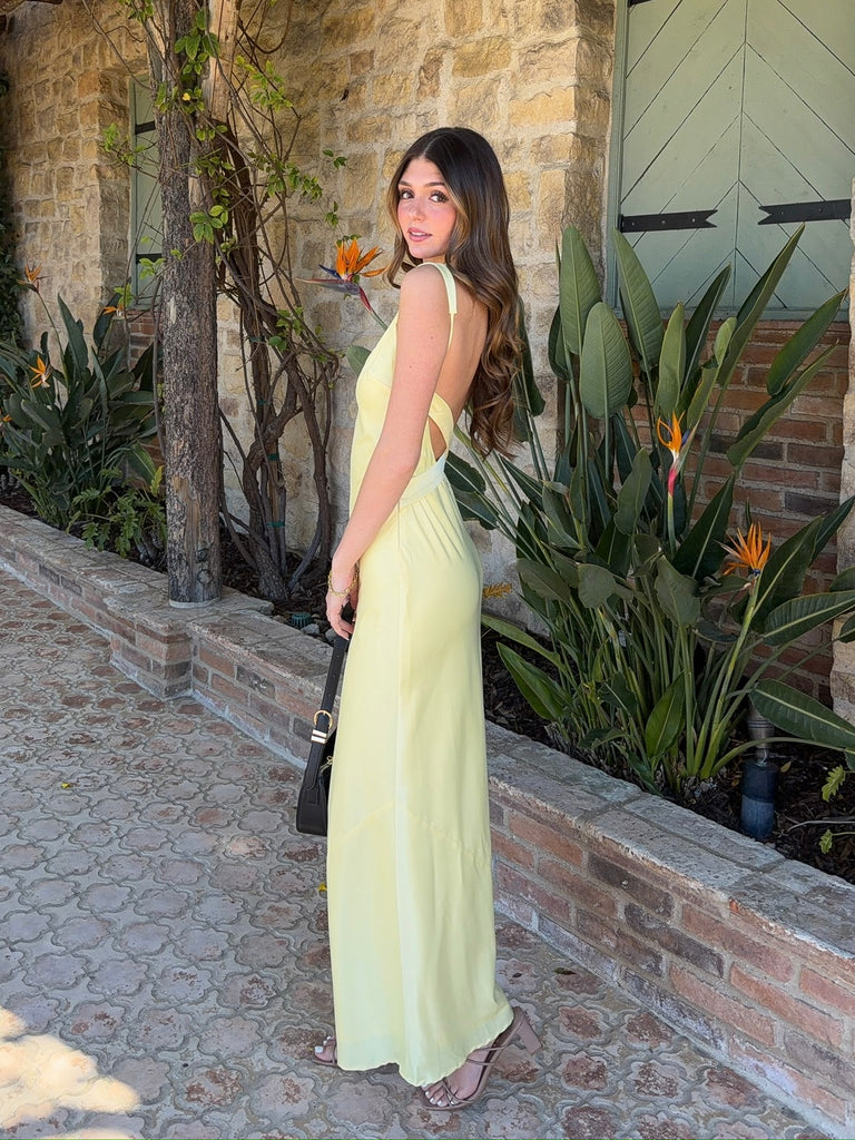 Andy Satin Open Back Maxi Dress in Yellow