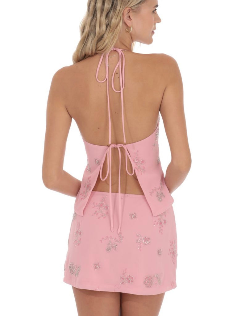 Sequin Beaded Floral Top in Pink