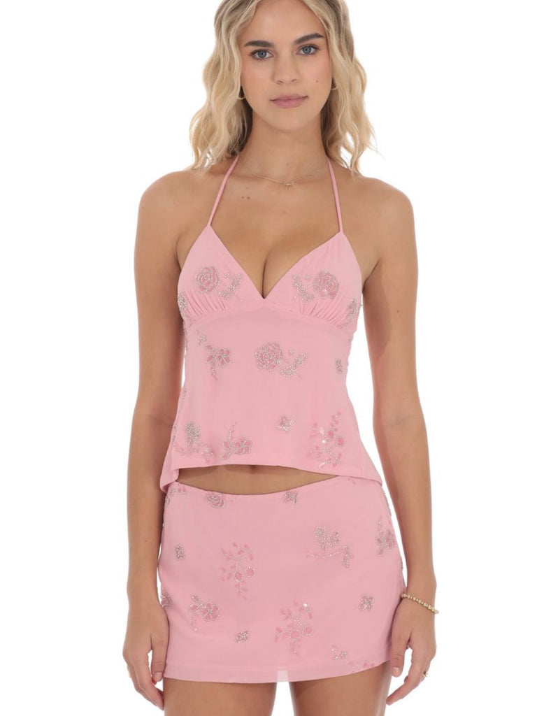 Sequin Beaded Floral Top in Pink