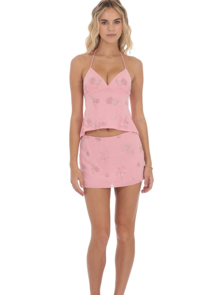 Sequin Beaded Floral Skirt in Pink