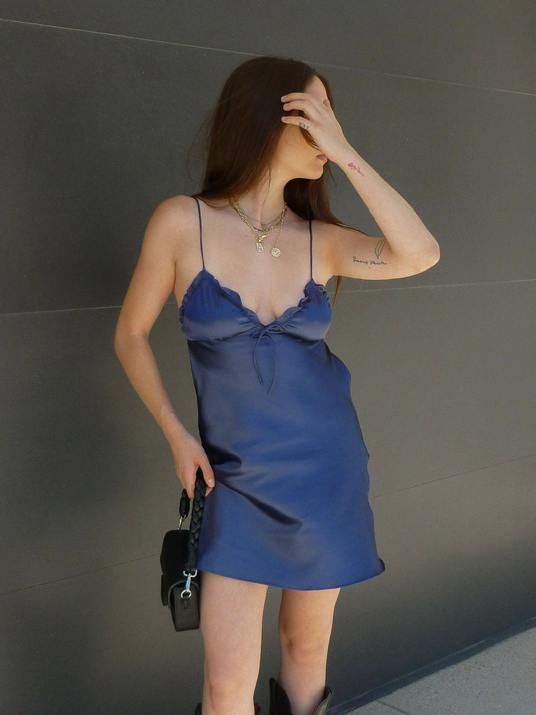 More To Come Satin Dress in Navy