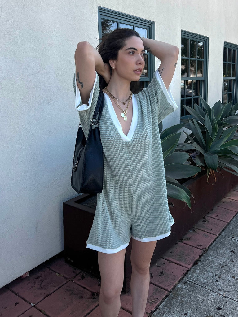 Lounge Around Waffle Romper in Sage