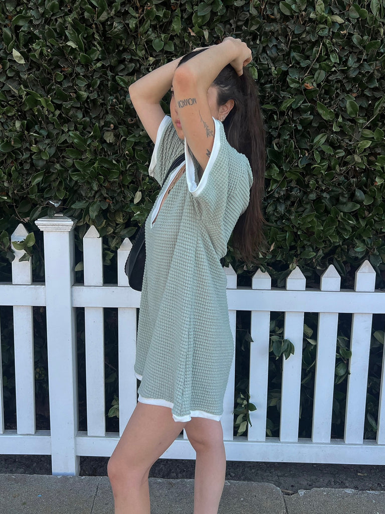 Lounge Around Waffle Romper in Sage