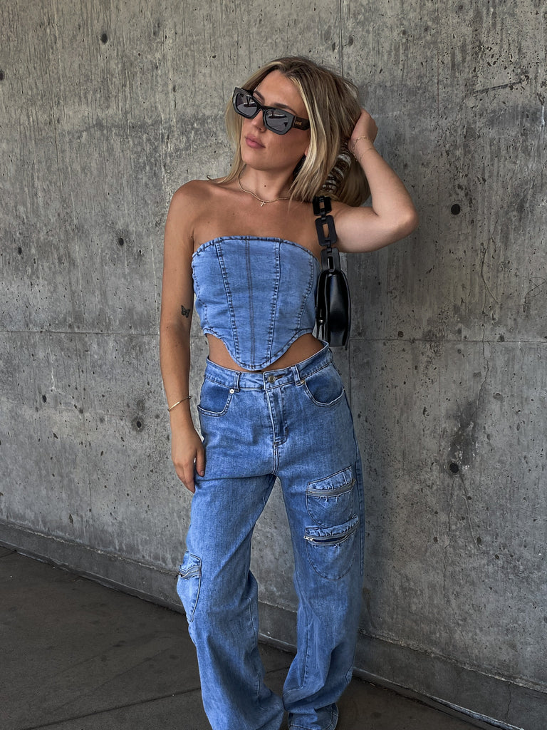 Nova Strapless Top in Denim