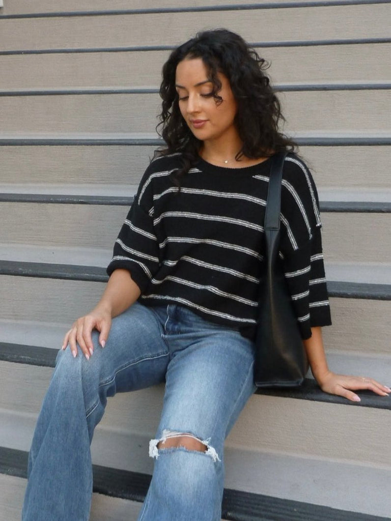 Delaney Striped Knit Top in Black