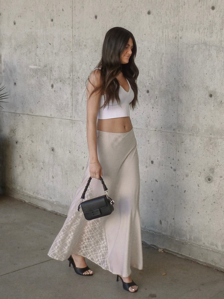 Ingrid Satin Lace Panel Maxi Skirt in Pearl