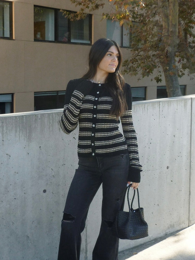 Remmy Stripe Button Down Knit Top in Black