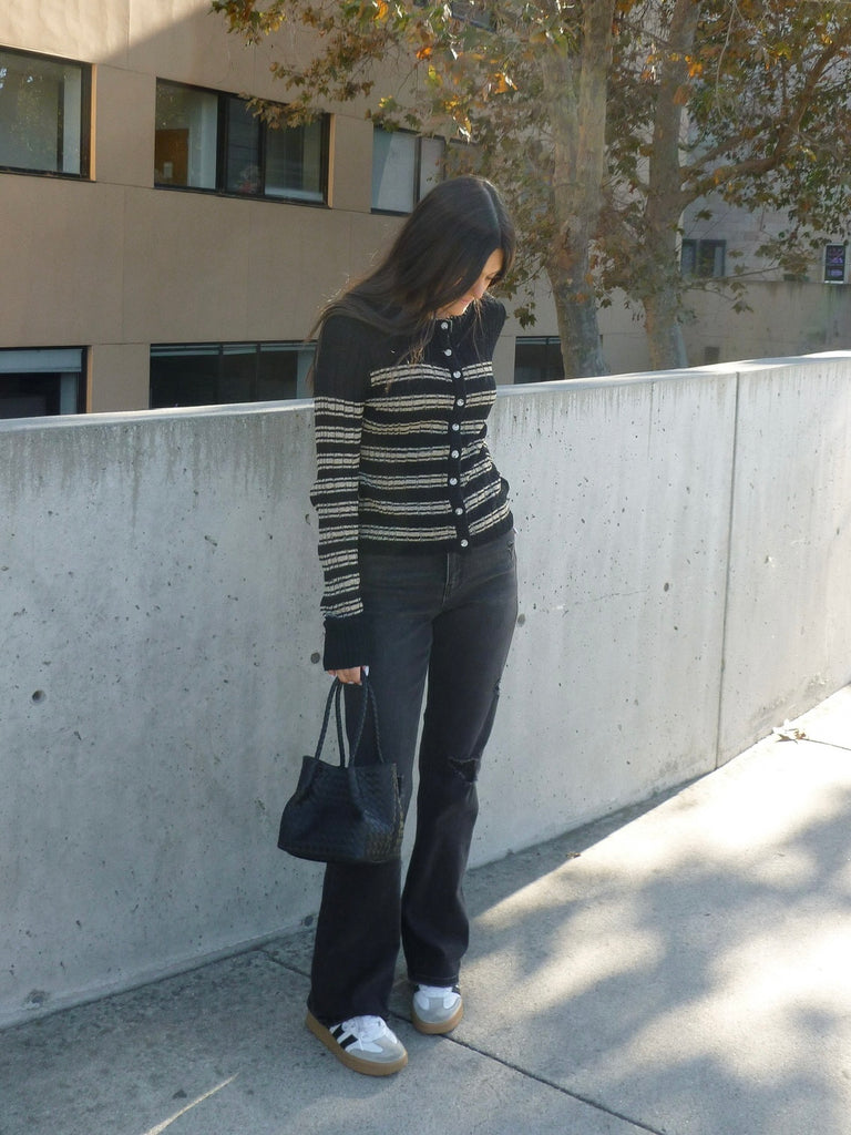 Remmy Stripe Button Down Knit Top in Black