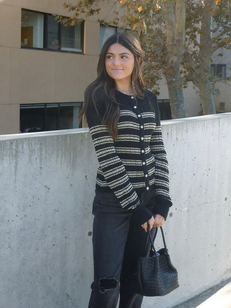 Remmy Stripe Button Down Knit Top in Black