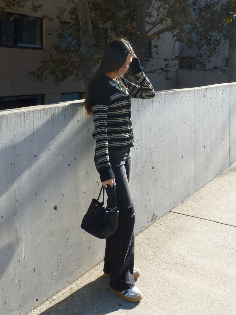 Remmy Stripe Button Down Knit Top in Black