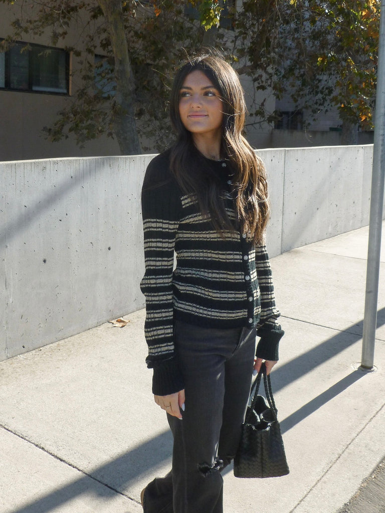 Remmy Stripe Button Down Knit Top in Black