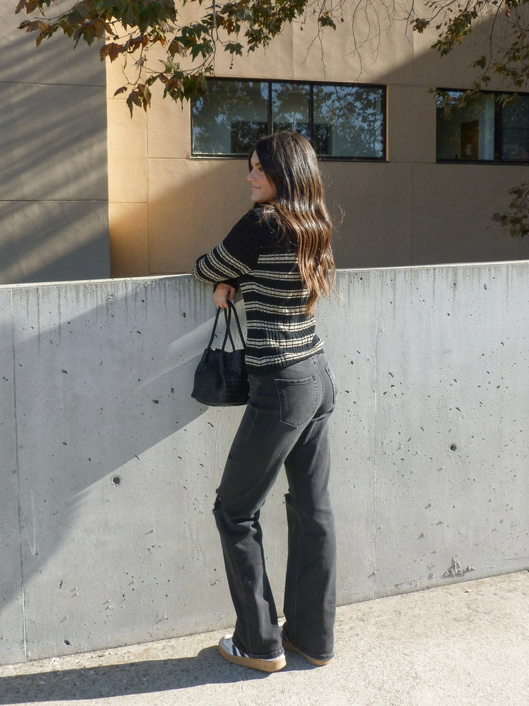 Remmy Stripe Button Down Knit Top in Black