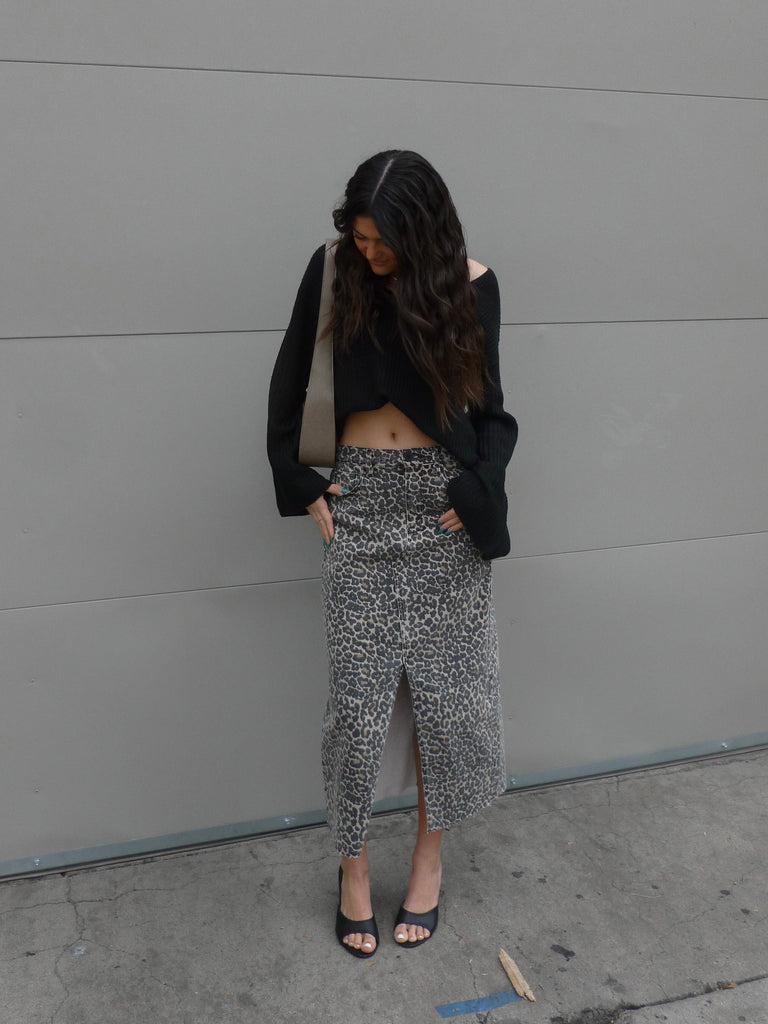 Zeplin Denim Maxi Skirt in Leopard