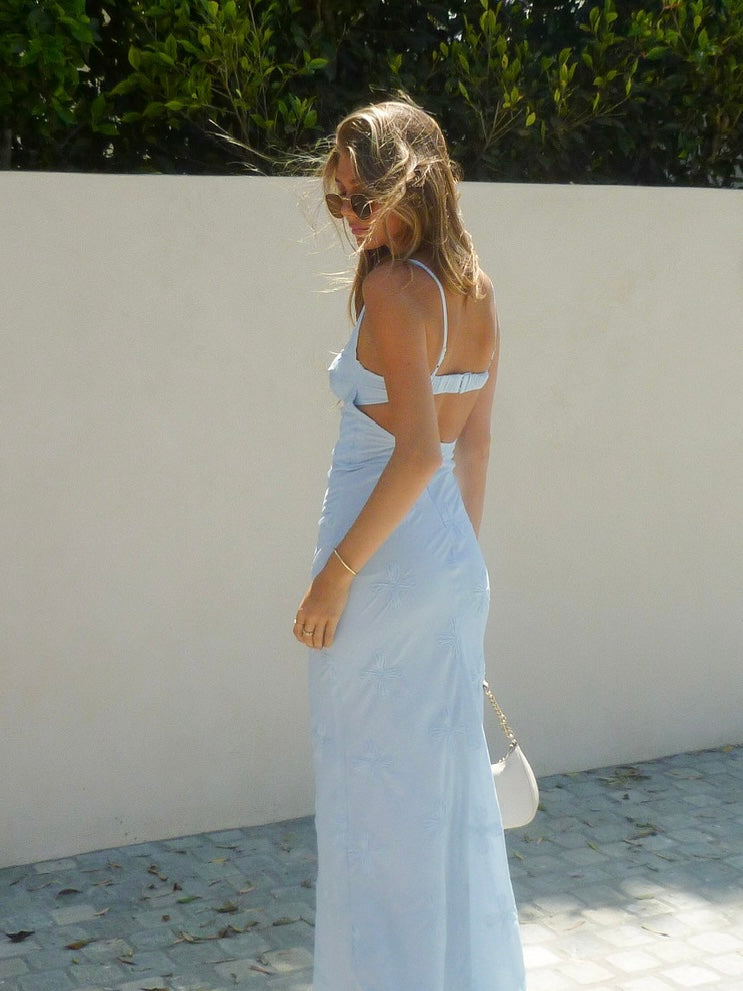 Floral Open Back Mermaid Maxi Dress in Light Blue by LUCY IN THE SKY