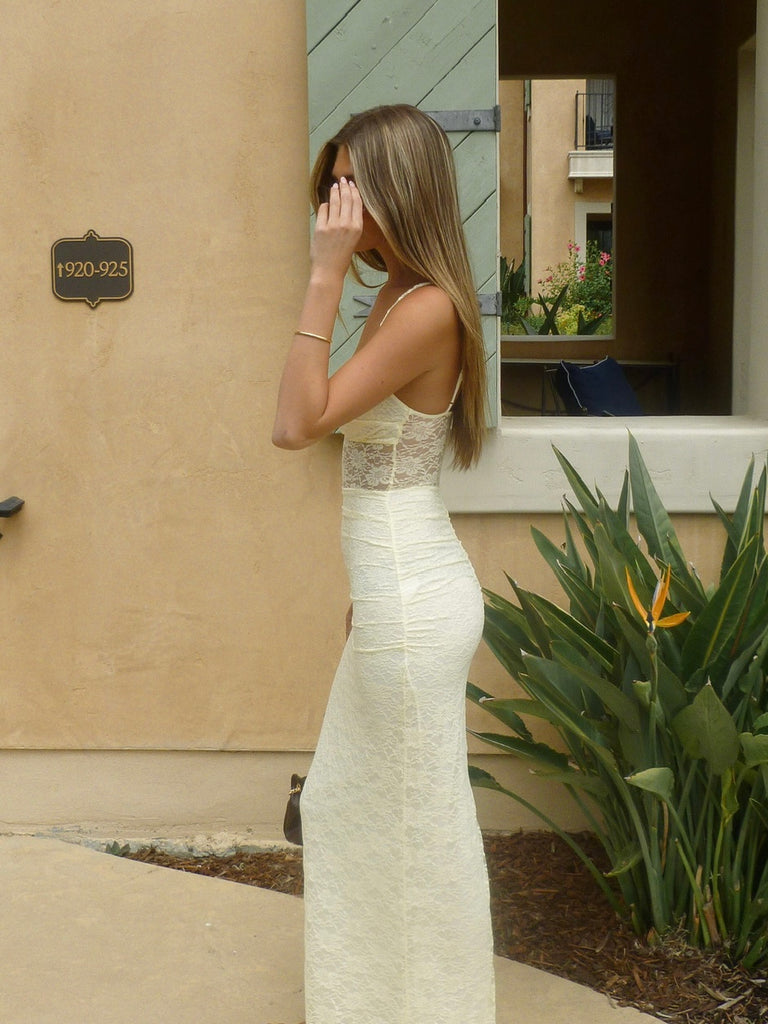 Lace Twist Ruched Maxi Dress in Yellow