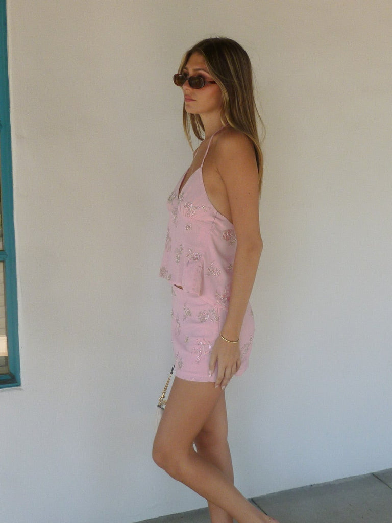 Sequin Beaded Floral Top in Pink