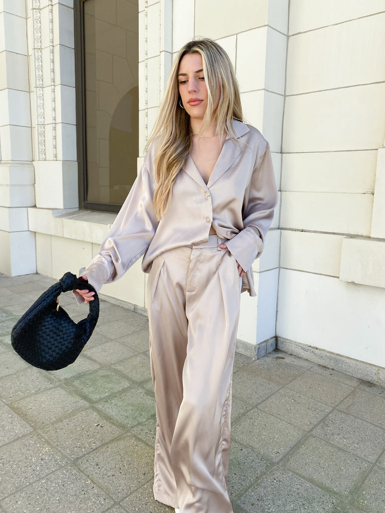 Yve Satin Pants in Taupe