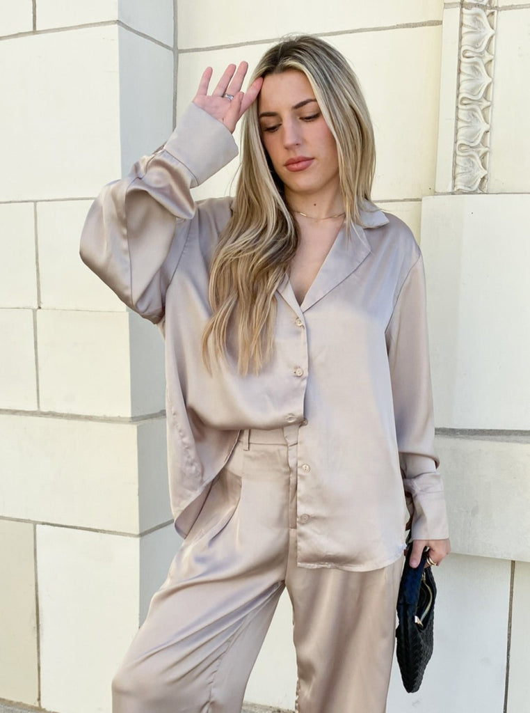 Yve Satin Button Down in Taupe