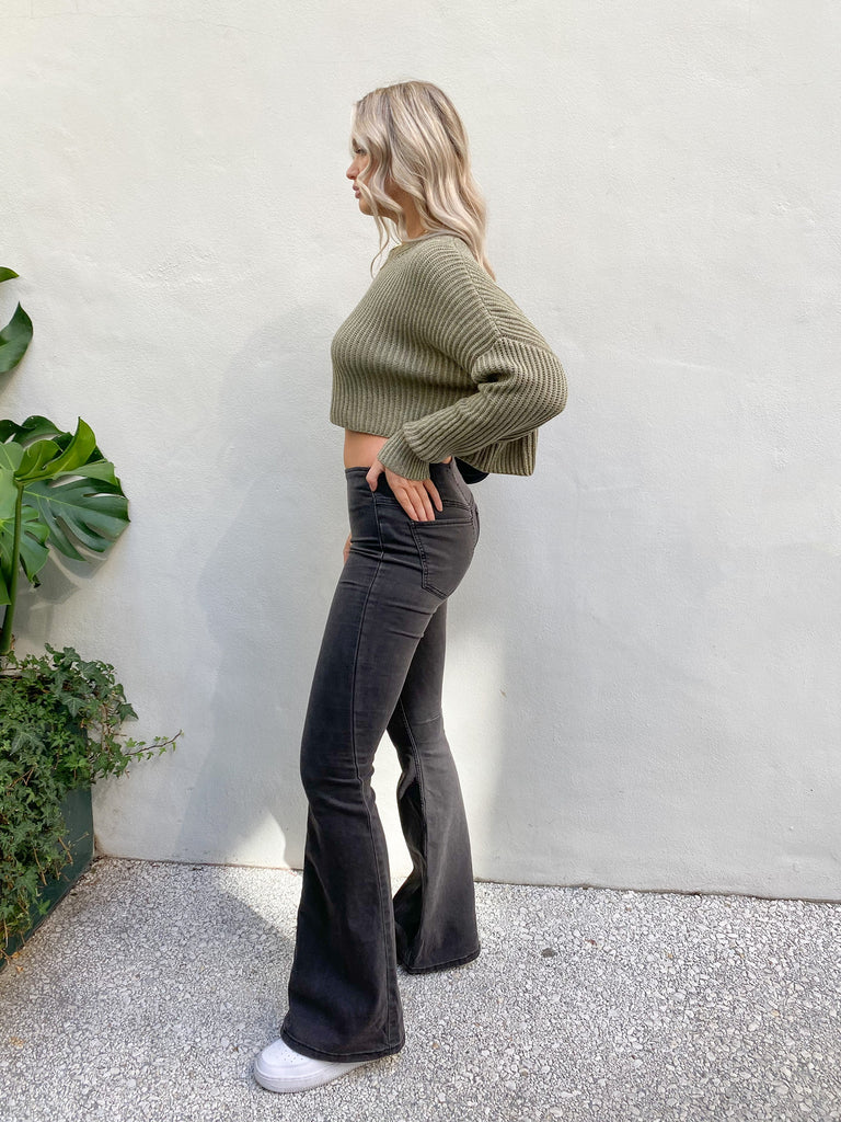 Penny Pull On Flare Jeans in Washed Black by FREE PEOPLE