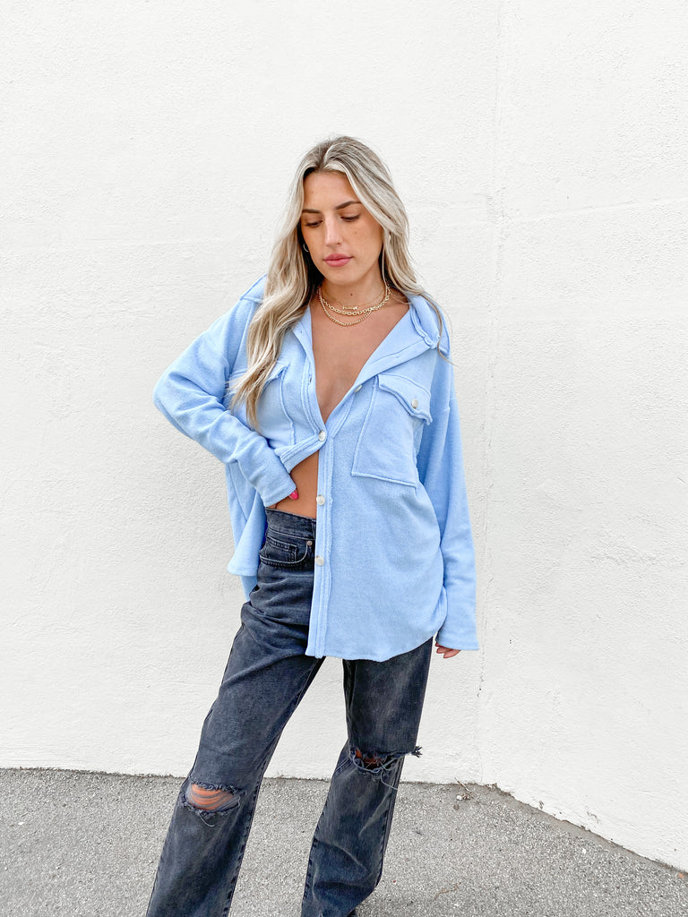 The Shores Terry Cloth Shacket in Baby Blue