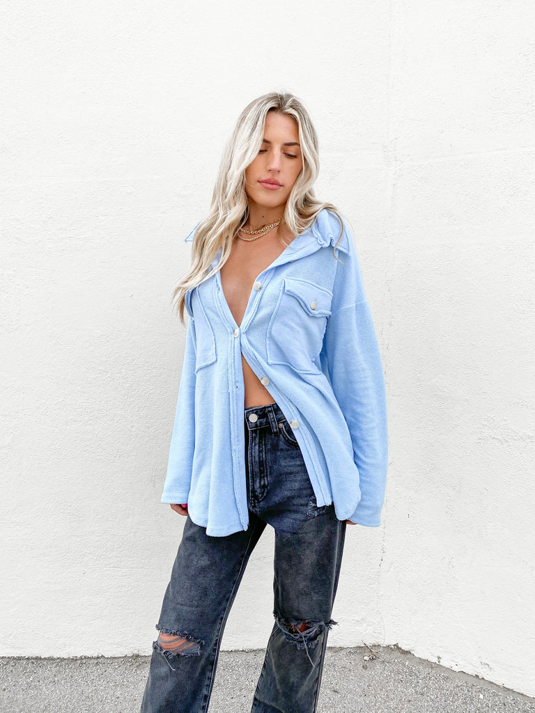 The Shores Terry Cloth Shacket in Baby Blue
